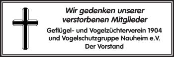 Traueranzeige von Geflügel- und Vogelzüchterverein 1904 Gedenken von Rüsselsheimer Echo, Groß-Gerauer-Echo, Ried Echo