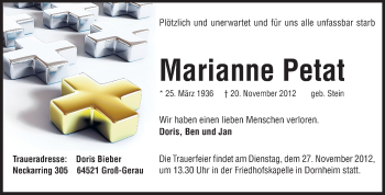 Traueranzeige von Marianne Petat von Rüsselsheimer Echo, Groß-Gerauer-Echo, Ried Echo