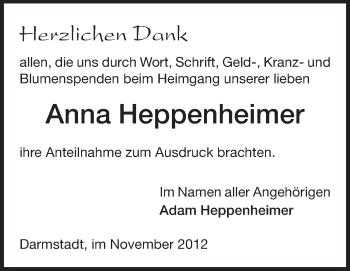 Traueranzeige von Anna Heppenheimer von Echo-Zeitungen (Gesamtausgabe)