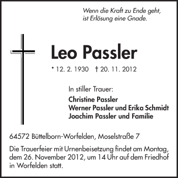Traueranzeige von Leo Passler von Rüsselsheimer Echo, Groß-Gerauer-Echo, Ried Echo
