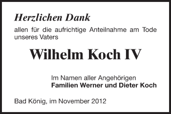 Traueranzeige von Wilhelm Koch von Odenwälder Echo