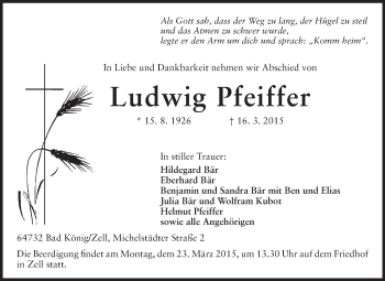Traueranzeige von Ludwig Pfeiffer von Odenwälder Echo