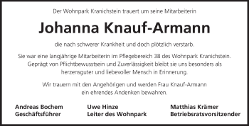 Traueranzeige von Johanna Knauf-Armann von Echo-Zeitungen (Gesamtausgabe)