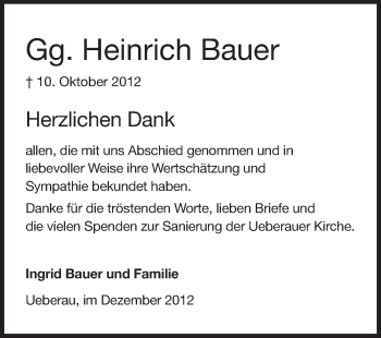 Traueranzeige von Heinrich Bauer von Echo-Zeitungen (Gesamtausgabe)