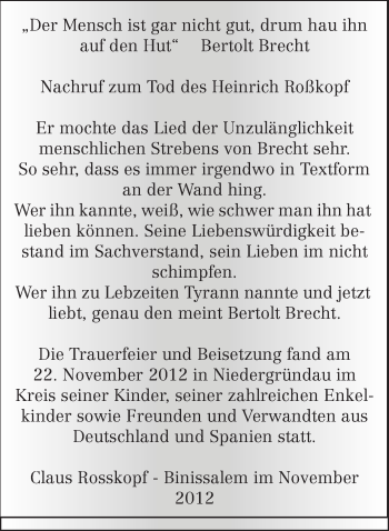 Traueranzeige von Heinrich Roßkopf von Rüsselsheimer Echo, Groß-Gerauer-Echo, Ried Echo