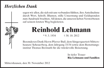 Traueranzeige von Reinhold Lehmann von Starkenburger Echo