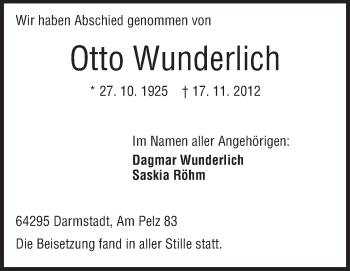 Traueranzeige von Otto Wunderlich von Echo-Zeitungen (Gesamtausgabe)