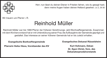 Traueranzeige von Reinhold Müller von Rüsselsheimer Echo, Groß-Gerauer-Echo, Ried Echo