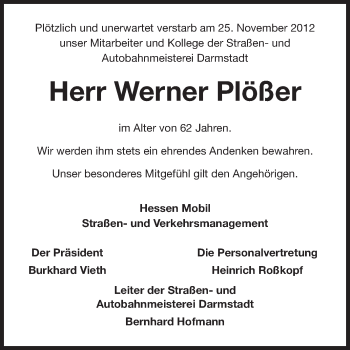 Traueranzeige von Werner Plößer von Echo-Zeitungen (Gesamtausgabe)
