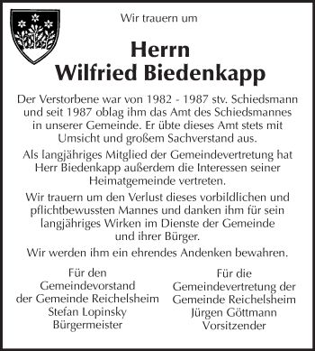 Traueranzeige von Wilfried Biedenkapp von Odenwälder Echo