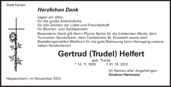 Traueranzeige von Gertrud (Trudel) Helfert von Starkenburger Echo, Bergsträßer Anzeiger