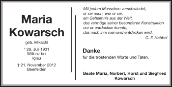 Traueranzeige von Maria Kowarsch von Odenwälder Echo