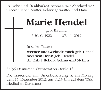 Traueranzeige von Marie Hendel von Echo-Zeitungen (Gesamtausgabe)
