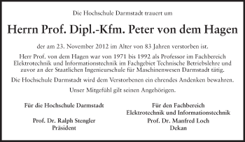 Traueranzeige von Peter von dem Hagen von Echo-Zeitungen (Gesamtausgabe)