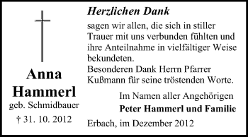 Traueranzeige von Anna Hammerl von Odenwälder Echo