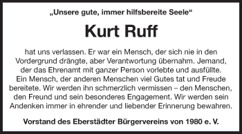 Traueranzeige von Kurt Ruff von Echo-Zeitungen (Gesamtausgabe)