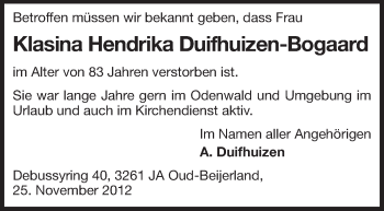 Traueranzeige von Klasina Hendrike Duifhuizen-Bogaard von Echo-Zeitungen (Gesamtausgabe)