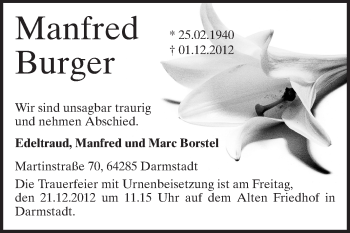 Traueranzeige von Manfred Burger von Echo-Zeitungen (Gesamtausgabe)