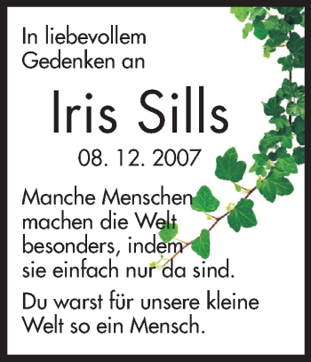 Traueranzeige von Iris Sills von Echo-Zeitungen (Gesamtausgabe)