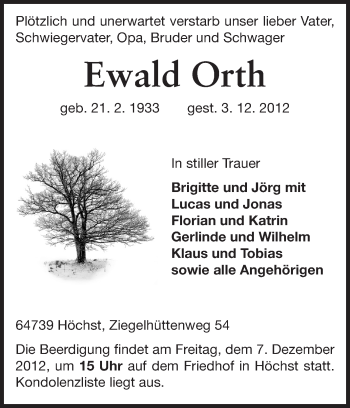 Traueranzeige von Ewald Orth von Odenwälder Echo