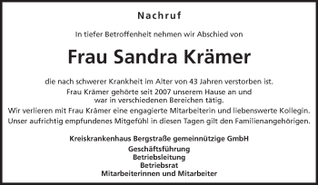 Traueranzeige von Sandra Krämer von Starkenburger Echo