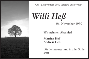 Traueranzeige von Willi Heß von Echo-Zeitungen (Gesamtausgabe)