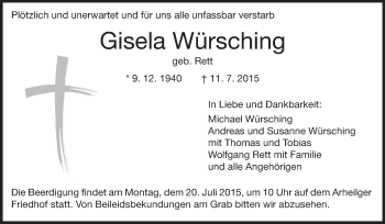 Traueranzeige von Gisela Würsching von Echo-Zeitungen (Gesamtausgabe)