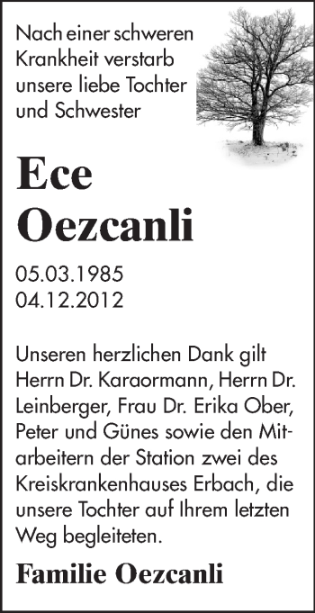 Traueranzeige von Ece Oezcanli von Odenwälder Echo