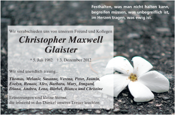 Traueranzeige von Christopher-Maxwell Glaister von Rüsselsheimer Echo, Groß-Gerauer-Echo, Ried Echo