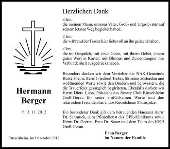 Traueranzeige von Hermann Berger von Rüsselsheimer Echo, Groß-Gerauer-Echo, Ried Echo
