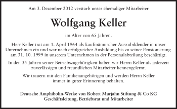 Traueranzeige von Wolfgang Keller von Echo-Zeitungen (Gesamtausgabe)