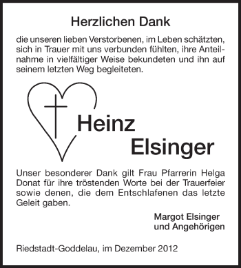 Traueranzeige von Heinz Elsinger von Rüsselsheimer Echo, Groß-Gerauer-Echo, Ried Echo