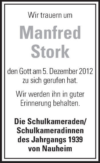 Traueranzeige von Manfred Stork von Rüsselsheimer Echo, Groß-Gerauer-Echo, Ried Echo