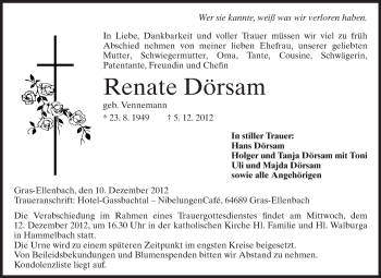 Traueranzeige von Renate Dörsam von Echo-Zeitungen (Gesamtausgabe)