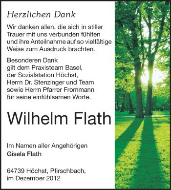 Traueranzeige von Wilhelm Flath von Odenwälder Echo