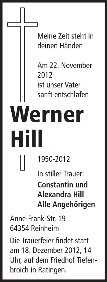 Traueranzeige von Werner Hill von Echo-Zeitungen (Gesamtausgabe)