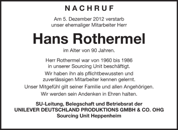 Traueranzeige von Hans Rothermel von Starkenburger Echo