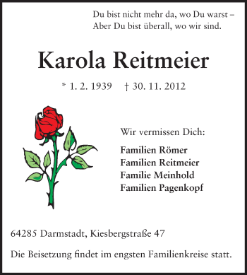 Traueranzeige von Karola Reitmeier von Darmstädter Echo, Odenwälder Echo, Rüsselsheimer Echo, Groß-Gerauer-Echo, Ried Echo