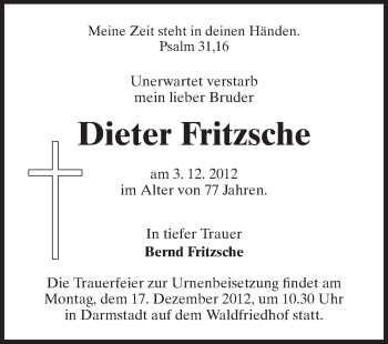 Traueranzeige von Dieter Fritzsche von Darmstädter Echo, Odenwälder Echo, Rüsselsheimer Echo, Groß-Gerauer-Echo, Ried Echo