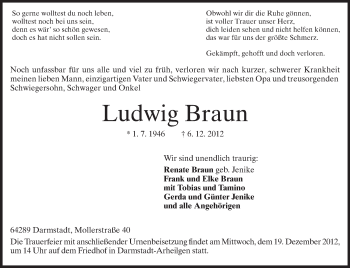 Traueranzeige von Ludwig Braun von Echo-Zeitungen (Gesamtausgabe)