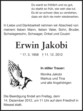 Traueranzeige von Erwin Jakobi von Echo-Zeitungen (Gesamtausgabe)