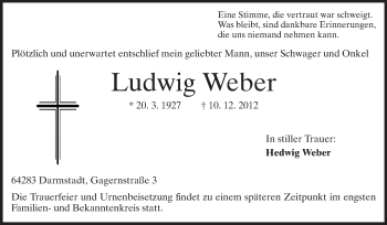 Traueranzeige von Ludwig Weber von Echo-Zeitungen (Gesamtausgabe)