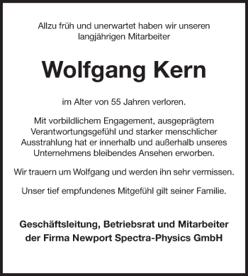 Traueranzeige von Wolfgang Kern von Echo-Zeitungen (Gesamtausgabe)