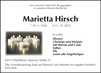 Traueranzeige von Marietta Hirsch von Rüsselsheimer Echo, Groß-Gerauer-Echo, Ried Echo