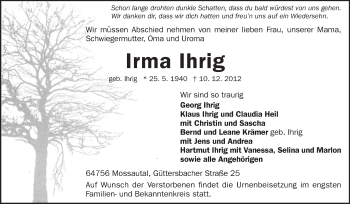 Traueranzeige von Irma Ihrig von Odenwälder Echo