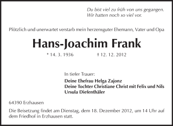 Traueranzeige von Hans-Joachim Frank von Echo-Zeitungen (Gesamtausgabe)