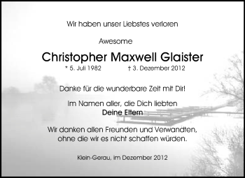 Traueranzeige von Christopher Maxwell Glaister von Echo-Zeitungen (Gesamtausgabe)