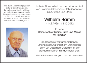 Traueranzeige von Wilhelm Hamm von Echo-Zeitungen (Gesamtausgabe)