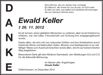 Traueranzeige von Ewald Keller von Echo-Zeitungen (Gesamtausgabe)