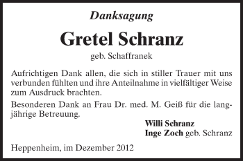 Traueranzeige von Gretel Schranz von Starkenburger Echo